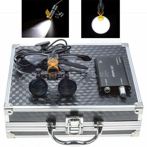 Dental 3.5X Binocular Loupes + 5W LED Head Light w/ Filter + Aluminum Box Black