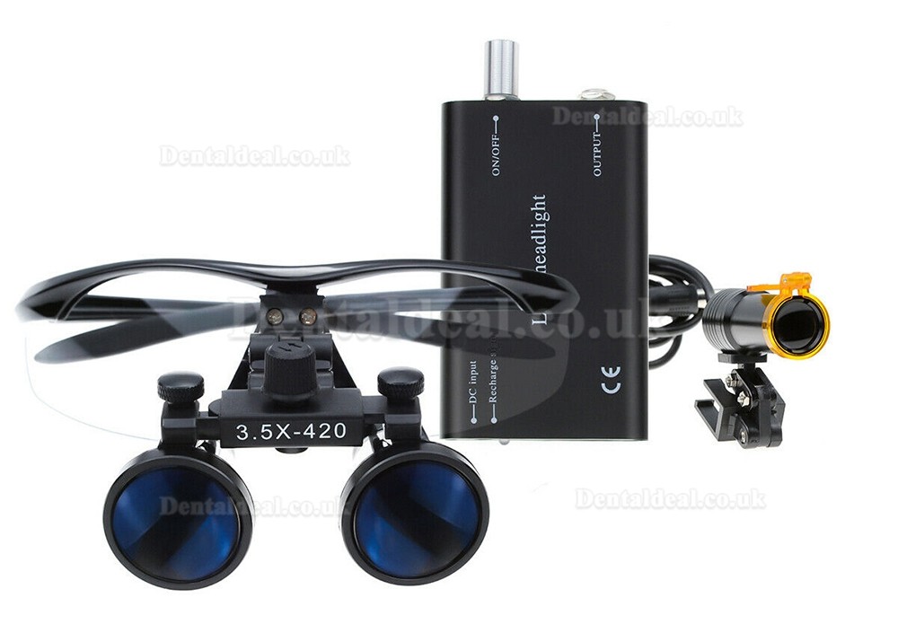 Dental 3.5X Binocular Loupes + 5W LED Head Light w/ Filter + Aluminum Box Black