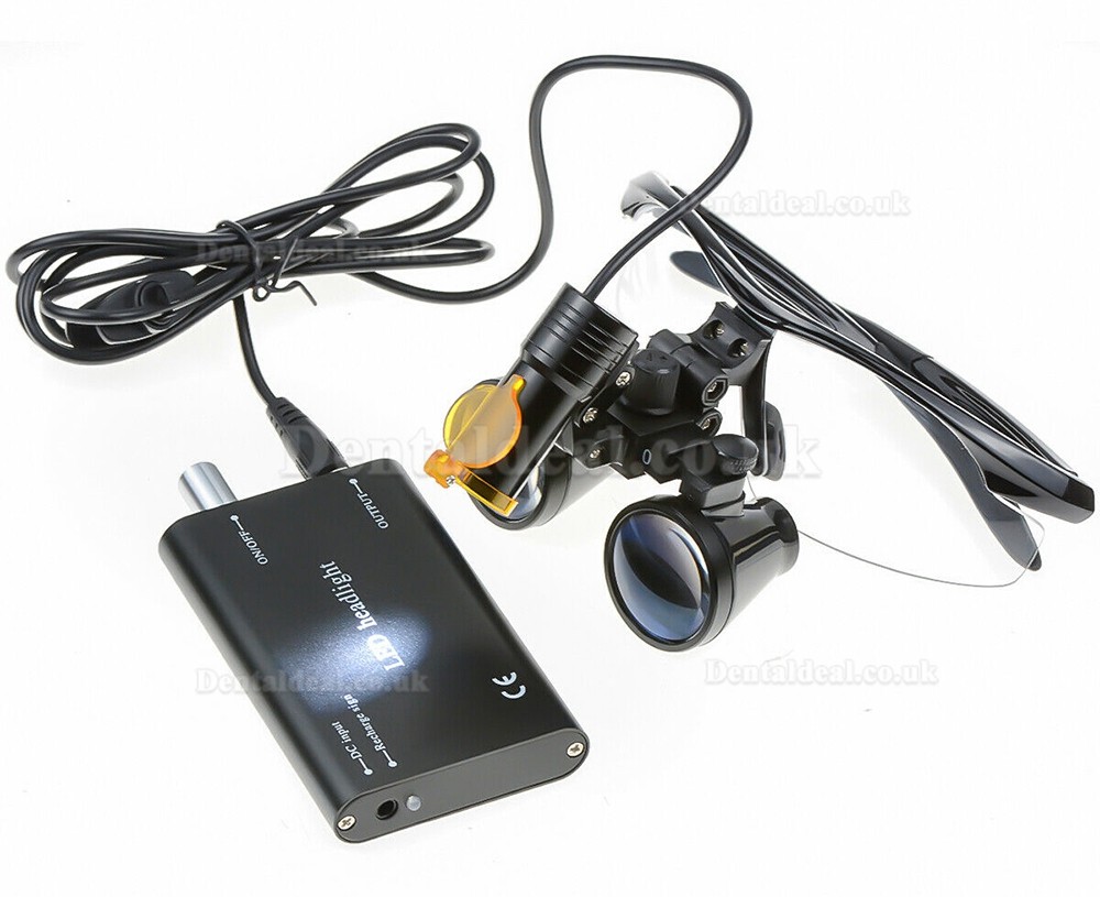 Dental 3.5X Binocular Loupes + 5W LED Head Light w/ Filter + Aluminum Box Black