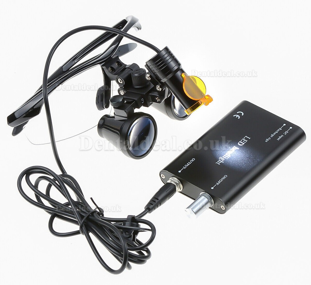 Dental 3.5X Binocular Loupes + 5W LED Head Light w/ Filter + Aluminum Box Black