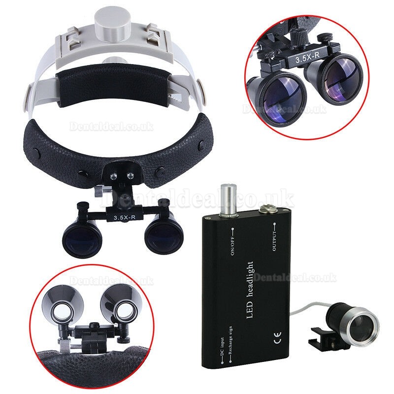 3.5X420mm Dental Surgical Binocular Leather Headband Loupe + LED Headlight Black