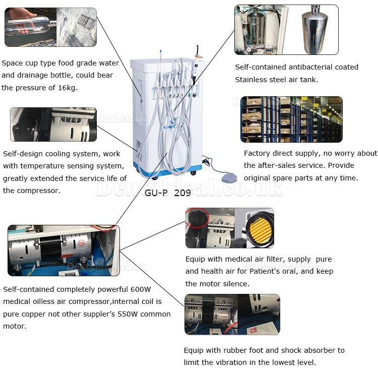 GREELOY Dental Delivery Unit Mobile Cart Self-contained Air Compressor+ Scaler+ LED Curing Light