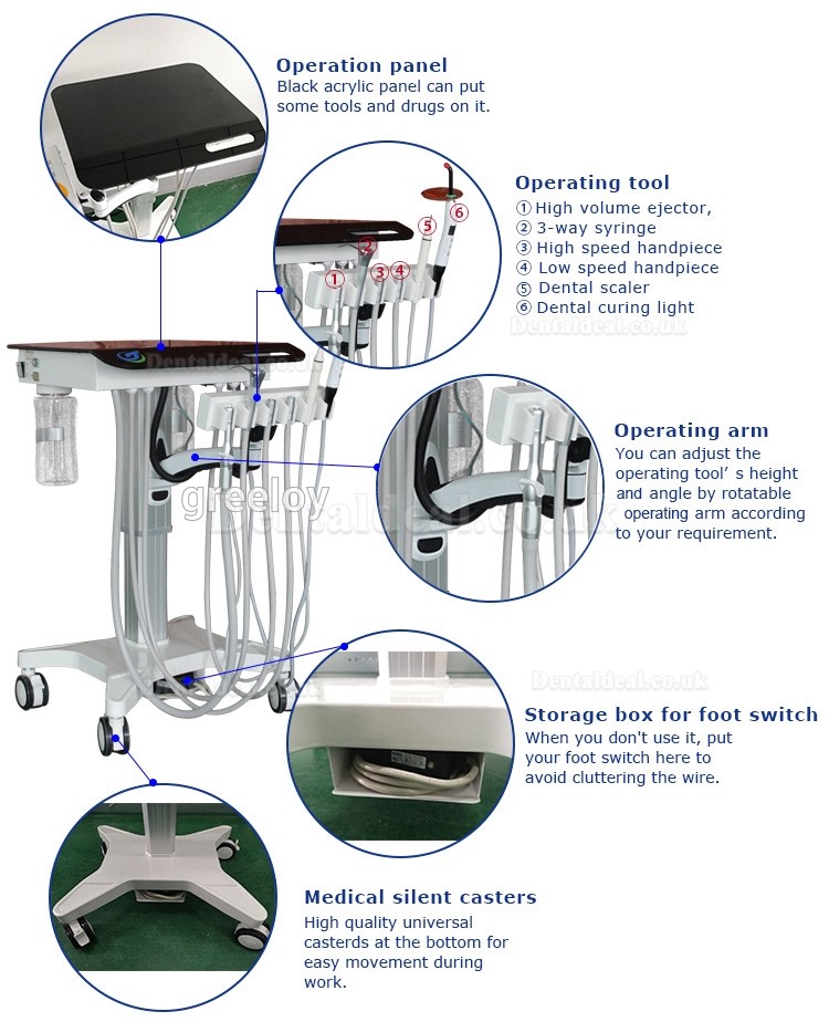 Greeloy GU-P302S Dental Movable Adjusted Treatment Unit Cart+Ultrasonic Scaler + Air Comprssor GU-P300