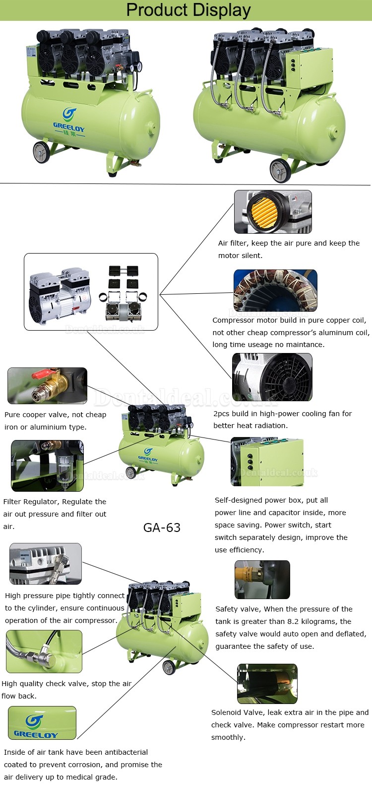 Greeloy GA-63 Ultra Quiet 2.5HP 90L Dental Air Compressor with Check Valve