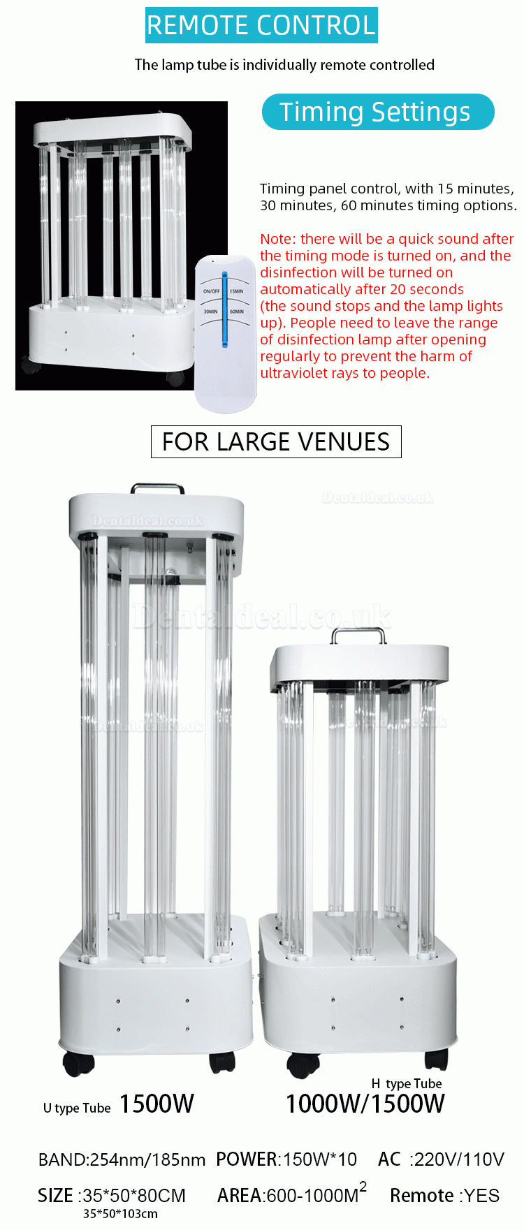 1000W UV Disinfection Lamp Factory Hospital Large Space UVC Light Sterilizer Movable Disinfection Lamp