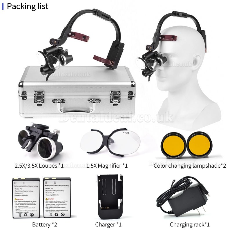 2.5X/3.5X Headband Dental Binocular Loupes with 5W LED Head Light Headlamp