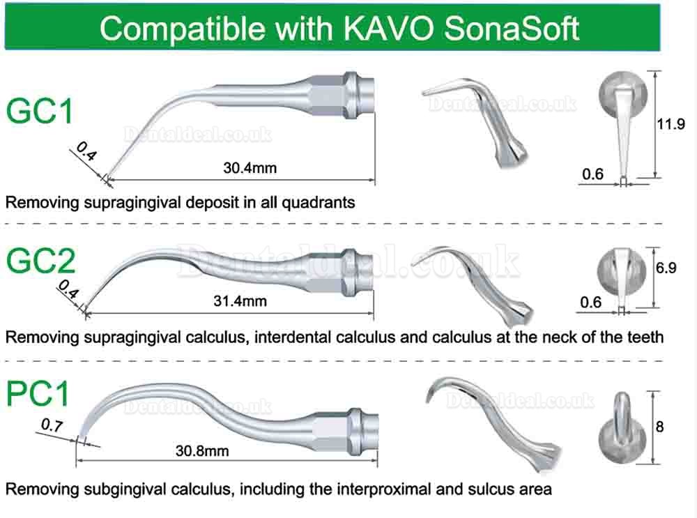 5 Pcs Dental Air Scaler Scaling Tips GC1 GC2 PC1 Compatible with KAVO SonaSoft scaler