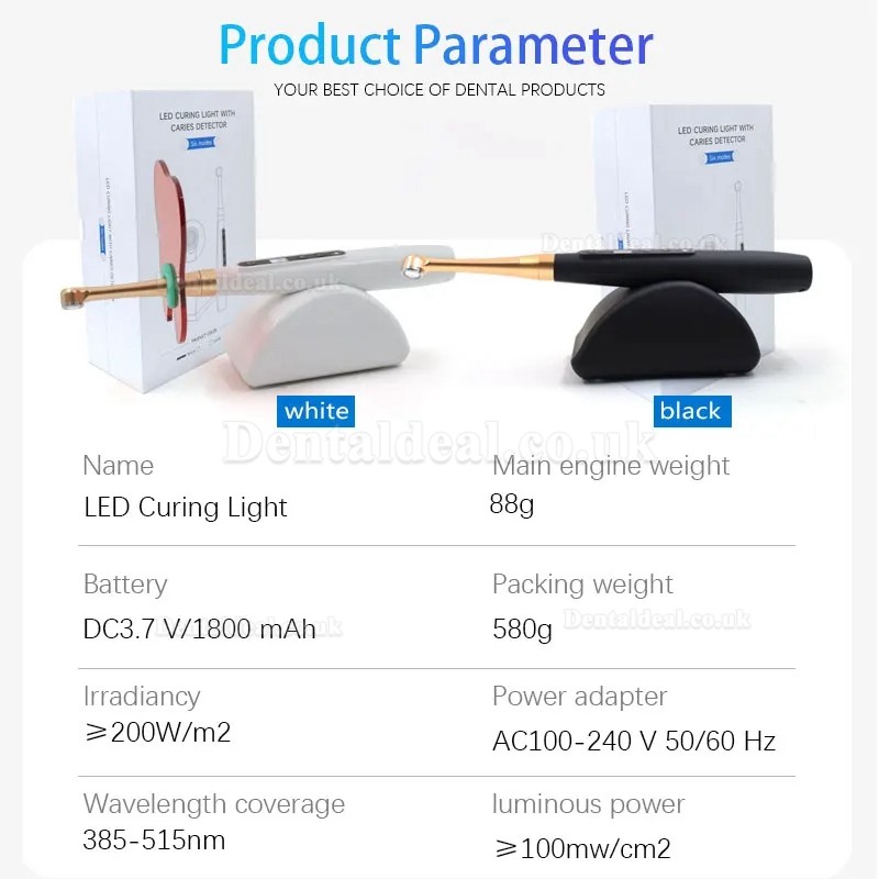 Dental Wireless 1 Second LED Curing Light with Caries Detection Detector 6 Modes 1800MW/CM2