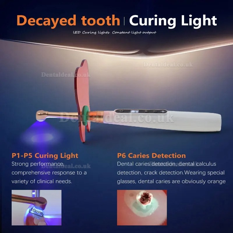 Dental Wireless 1 Second LED Curing Light with Caries Detection Detector 6 Modes 1800MW/CM2